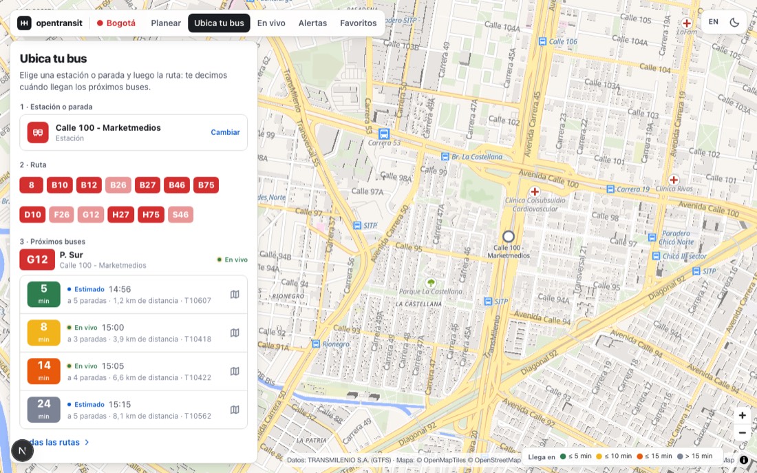 Ubica tu bus: próximos buses con En vivo / Por programación